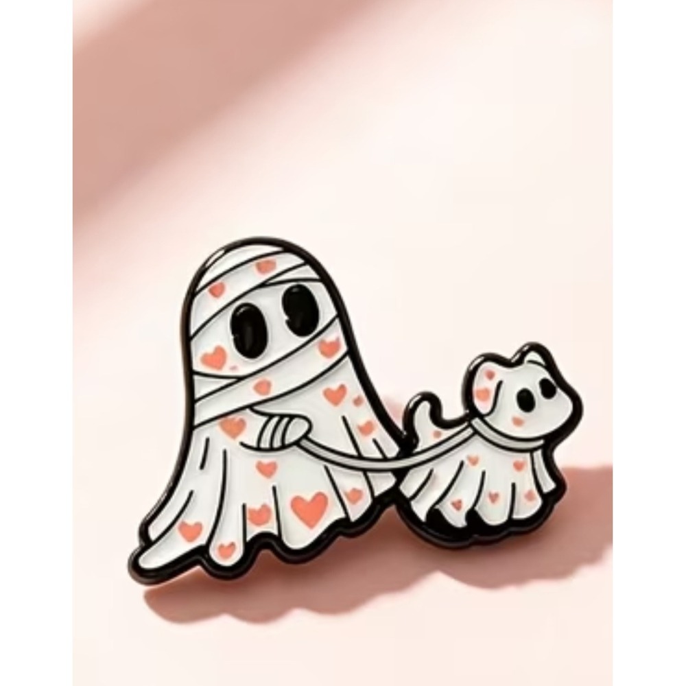 Ghost Walking Ghost Dog Enamel Pin Heart Mummy Spooky Cute Halloween Flair
